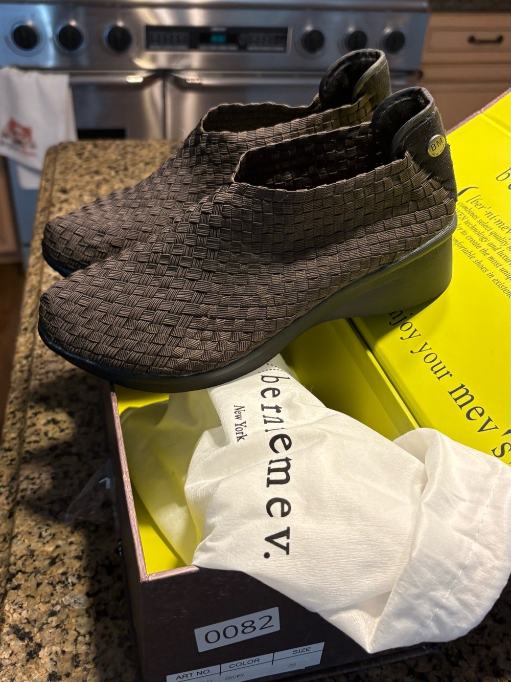 NWT- bernie mev. Woven Slip-On Wedges in Brown